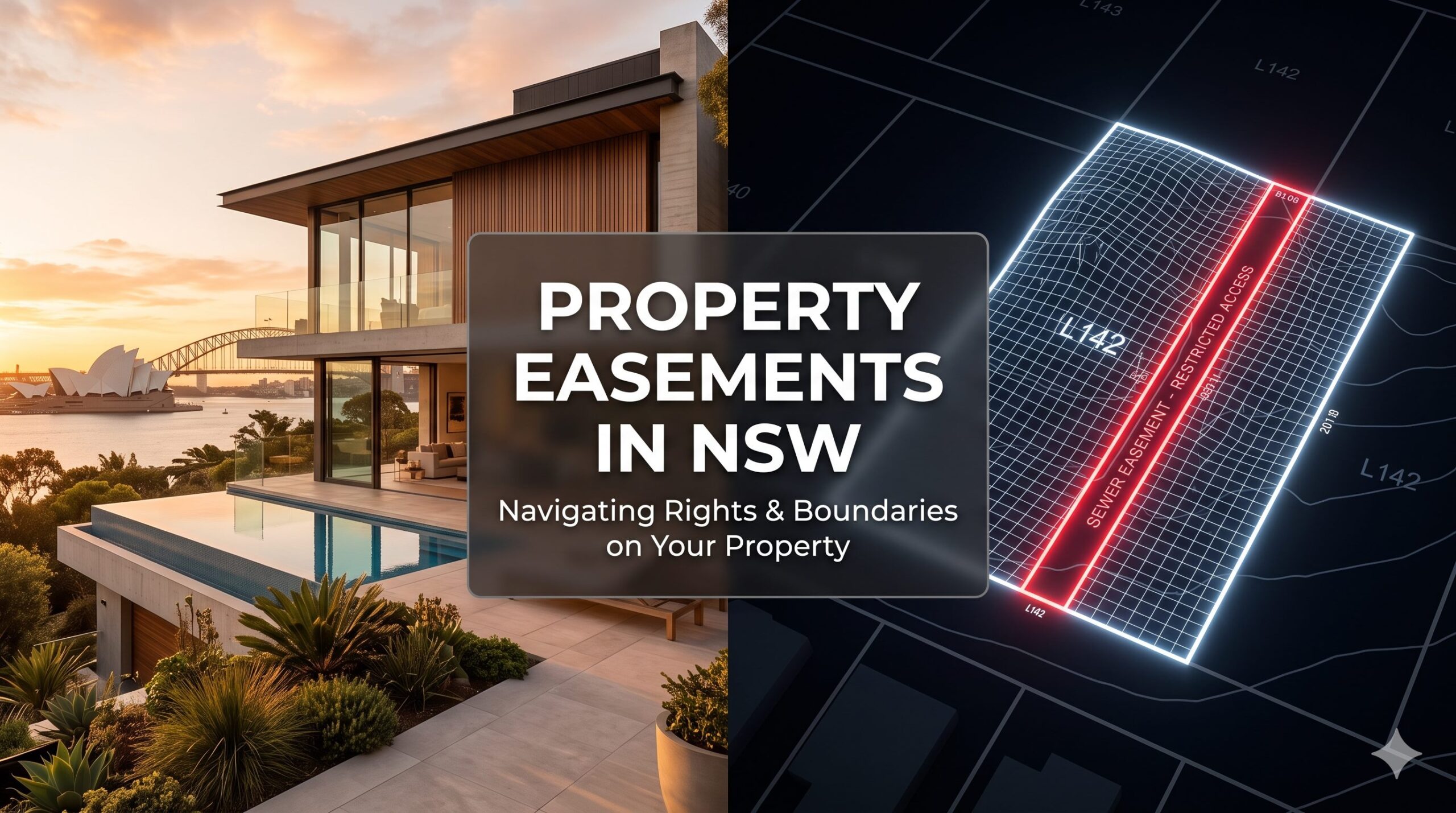 Property Easements NSW 2026 thumbnail showing Sydney residential home, land boundary map, and highlighted restricted easement access corridor