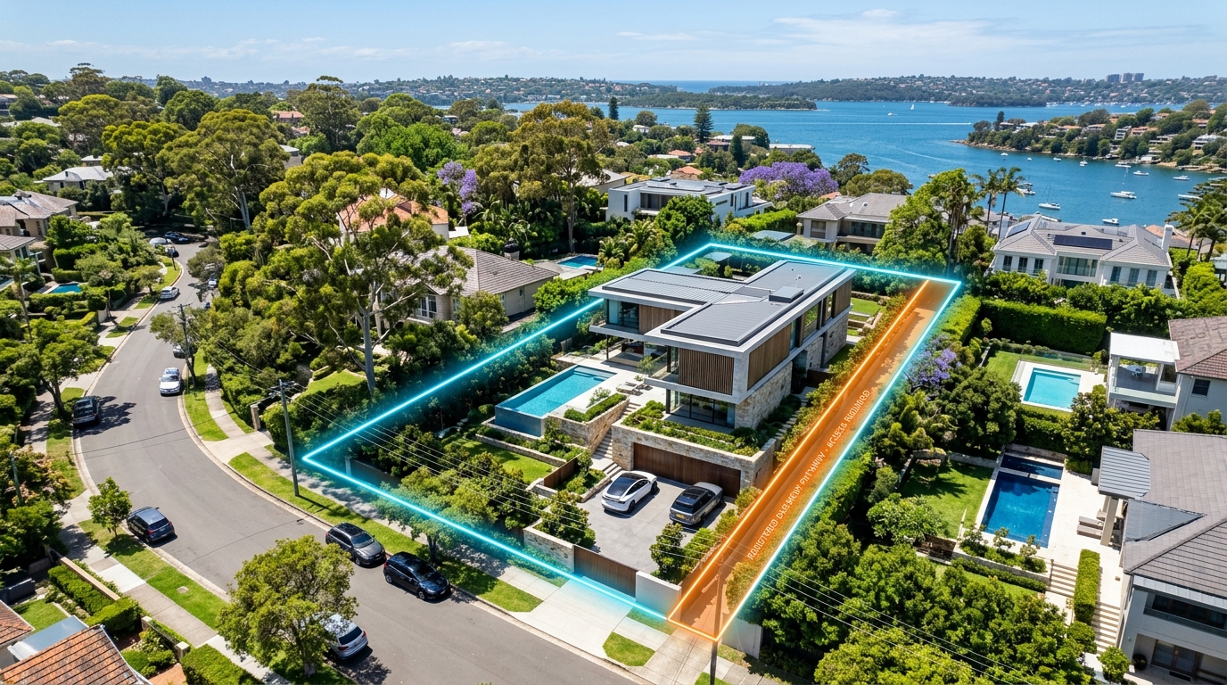 Sydney residential house aerial with property boundary overlay and registered easement corridor