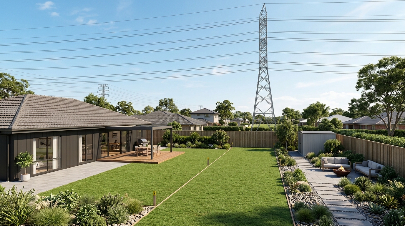 Utility easement backyard under powerlines showing required clear corridor with no structures