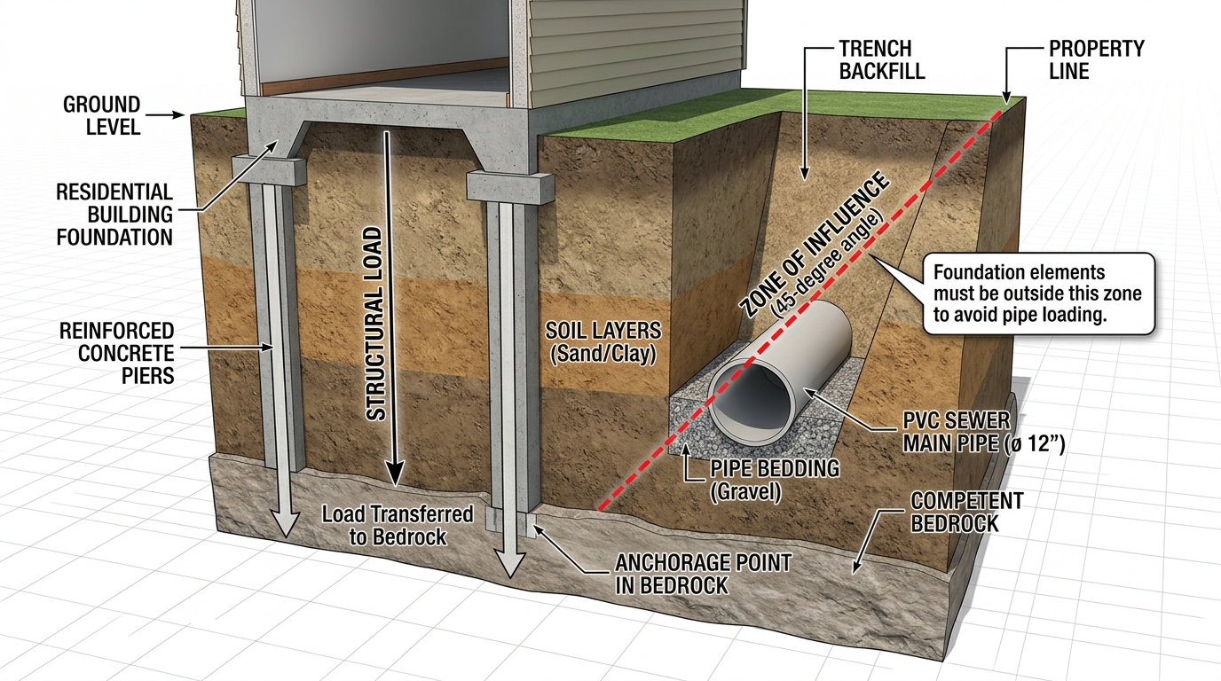 Architectural foundation diagram showing sewer easement pipe zone of influence and deep concrete piers