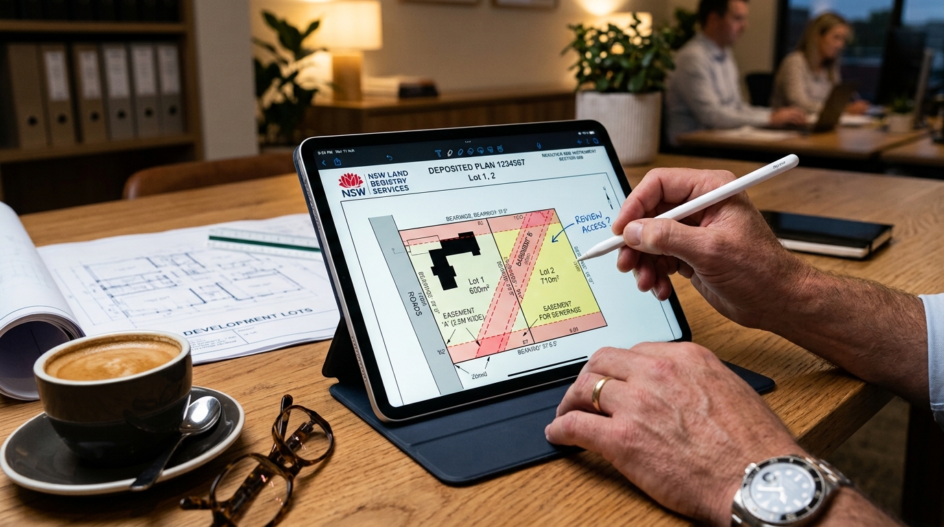 Property investor reviewing NSW Deposited Plan and Section 88B easement survey document on tablet