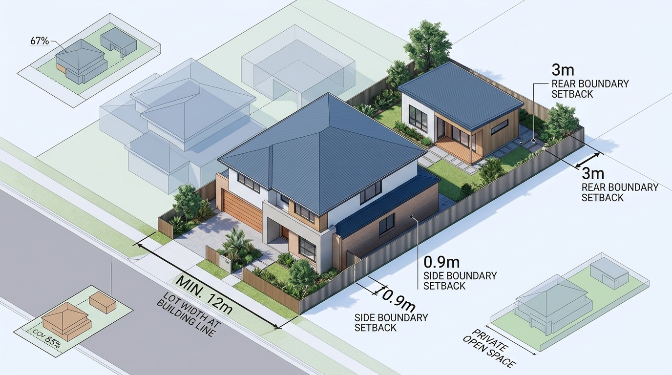 Architectural rendering of suburban secondary dwelling NSW showing compliant granny flat design with SEPP Housing 2021 setbacks and 60m2 footprint