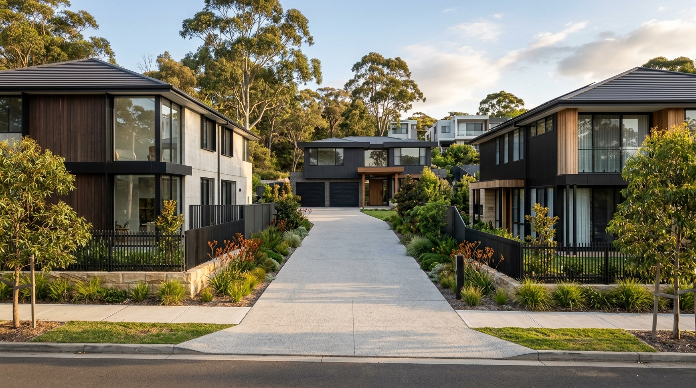 Right of carriageway shared driveway between two modern Sydney houses showing clear access corridor