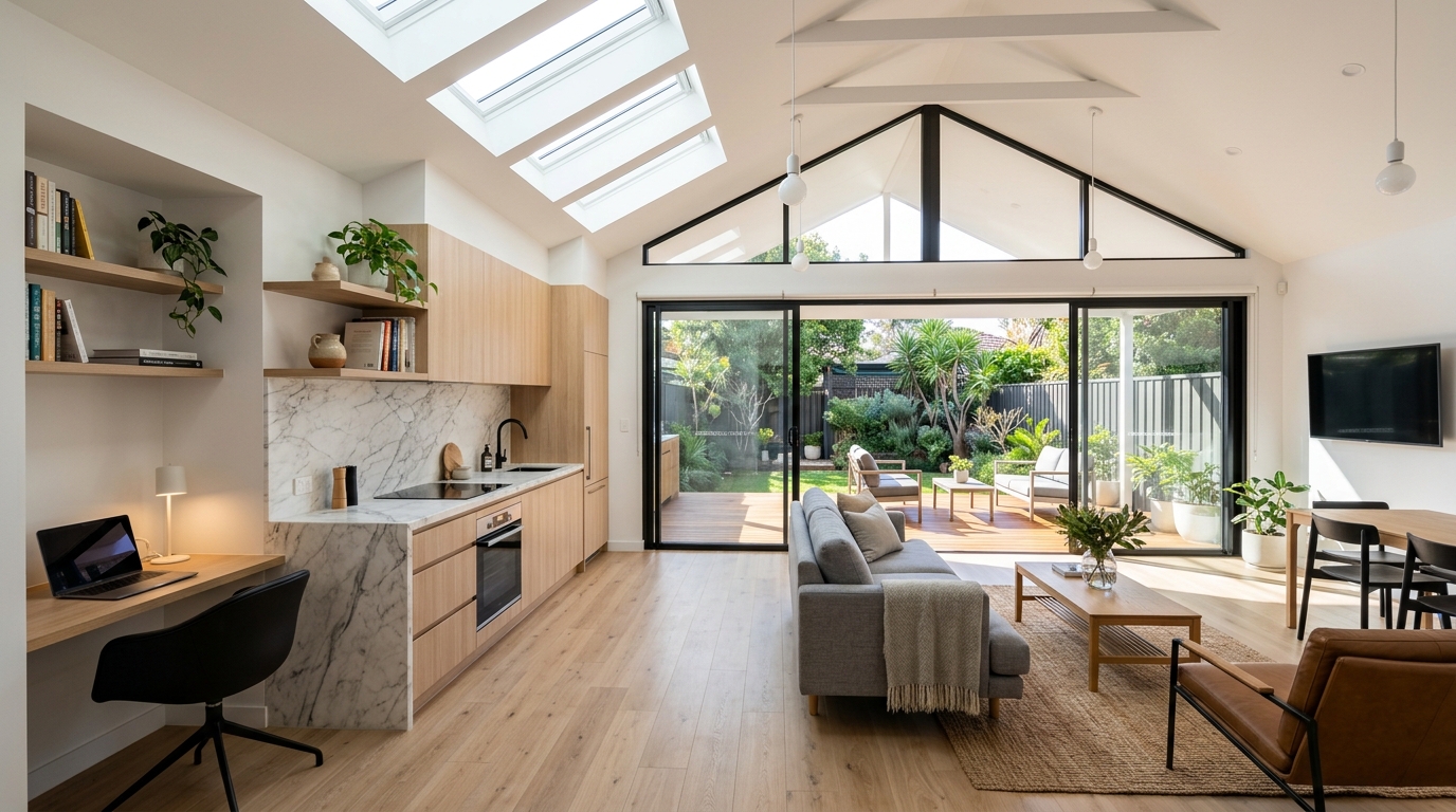 Modern granny flat interior Sydney open plan kitchen living area two bedroom secondary dwelling NSW 2026 rental property