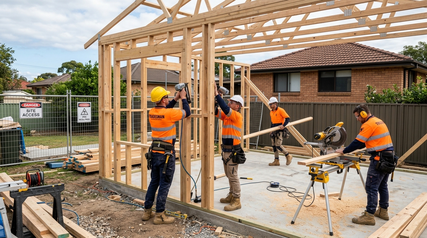 Granny flat construction site NSW showing timber frame stage of secondary dwelling build in Sydney suburb 2026