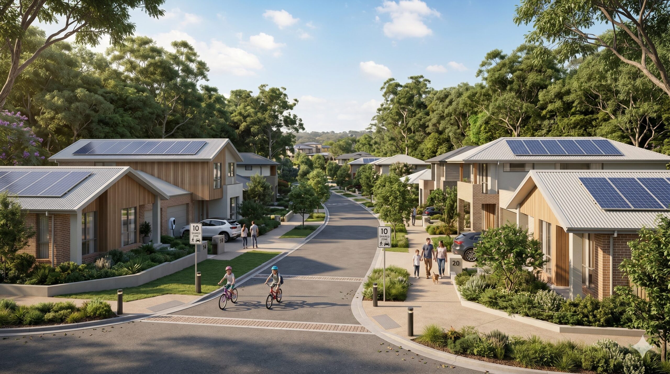 Birling Estate Barker suburb shared road with solar-panel homes cyclists and families Western Sydney NSW