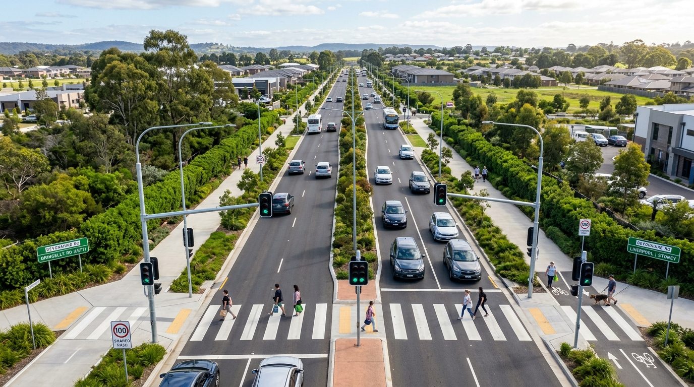 Widened 4-lane Devonshire Road upgrade architectural visualisation Bringelly NSW 2026 Transport for NSW corridor infrastructure