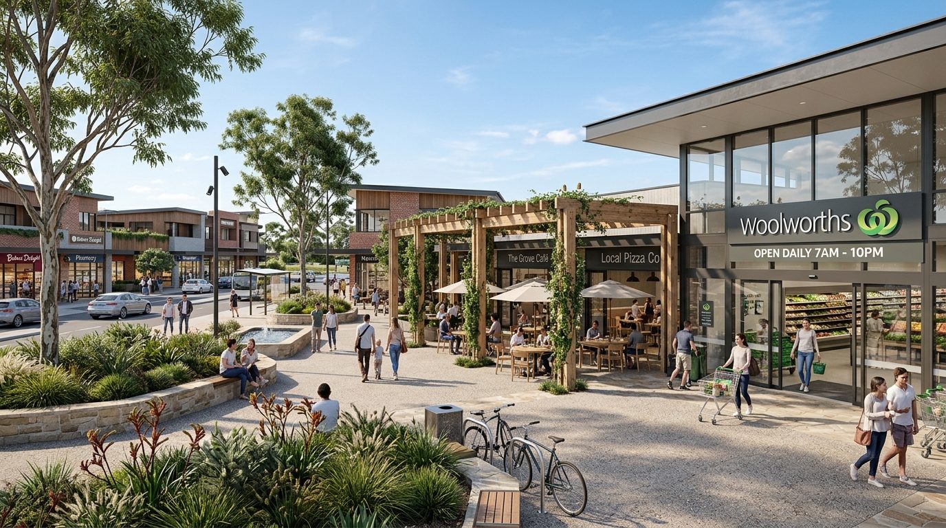 Modern town centre plaza outdoor retail architectural render Birling Village Shopping Centre Barker NSW 2026 Hames Sharley design