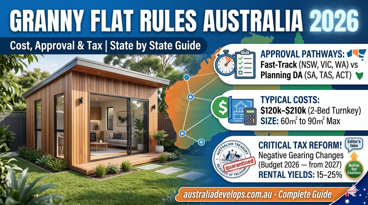 Granny Flat Rules Australia 2026 guide cover — cost, approval and tax by state