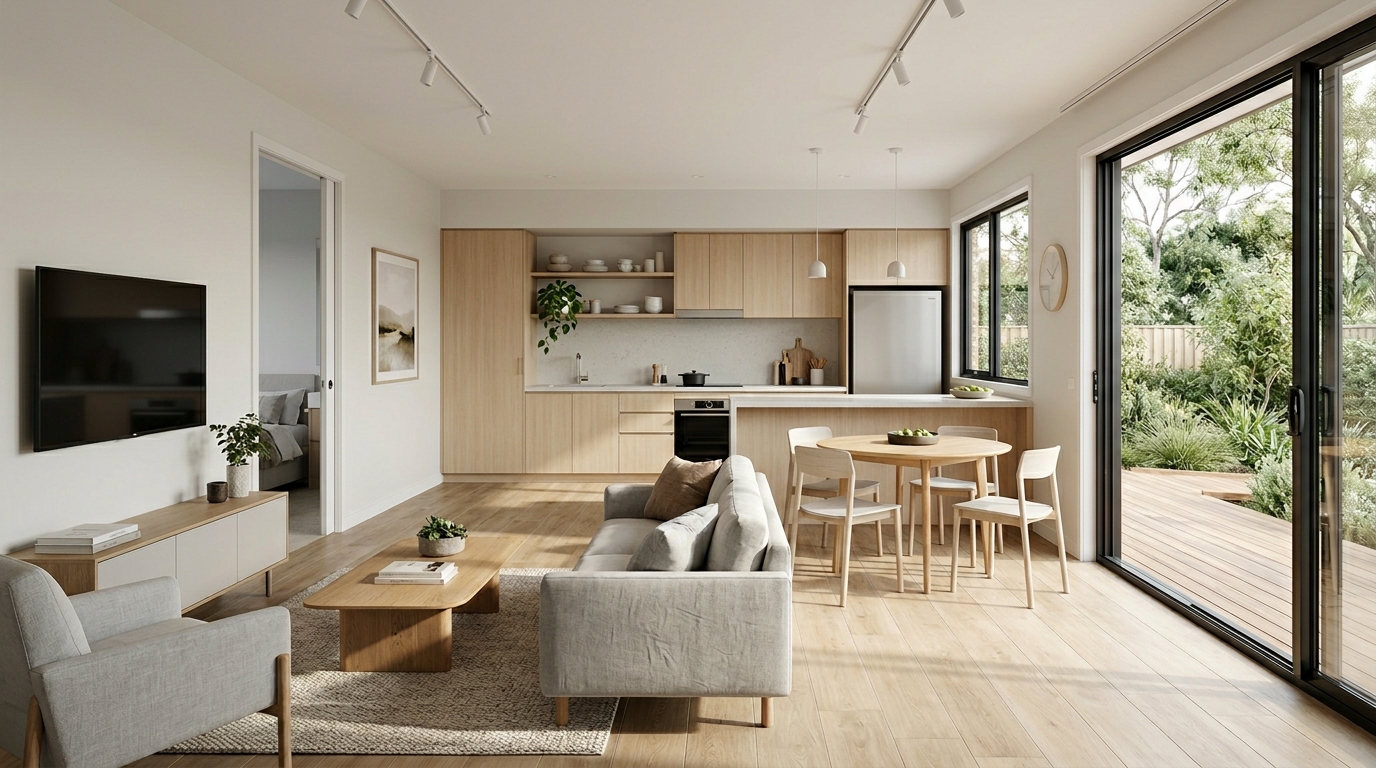 Bright open-plan granny flat interior with minimalist timber kitchen, grey lounge, dining area and wide sliding doors to a garden, step-free Livable Housing secondary dwelling