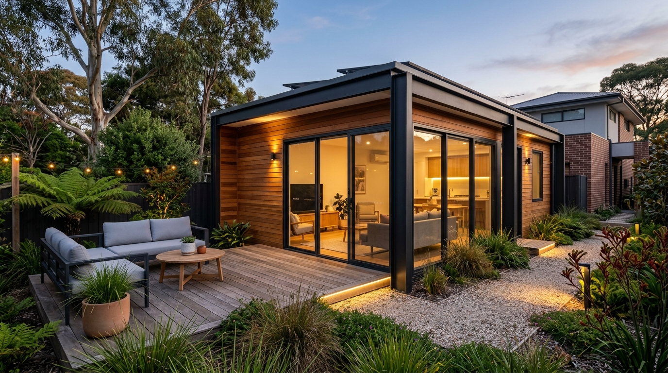 Modern single-storey granny flat with timber cladding and black-framed sliding glass doors lit at twilight in a landscaped Australian backyard, secondary dwelling 2026
