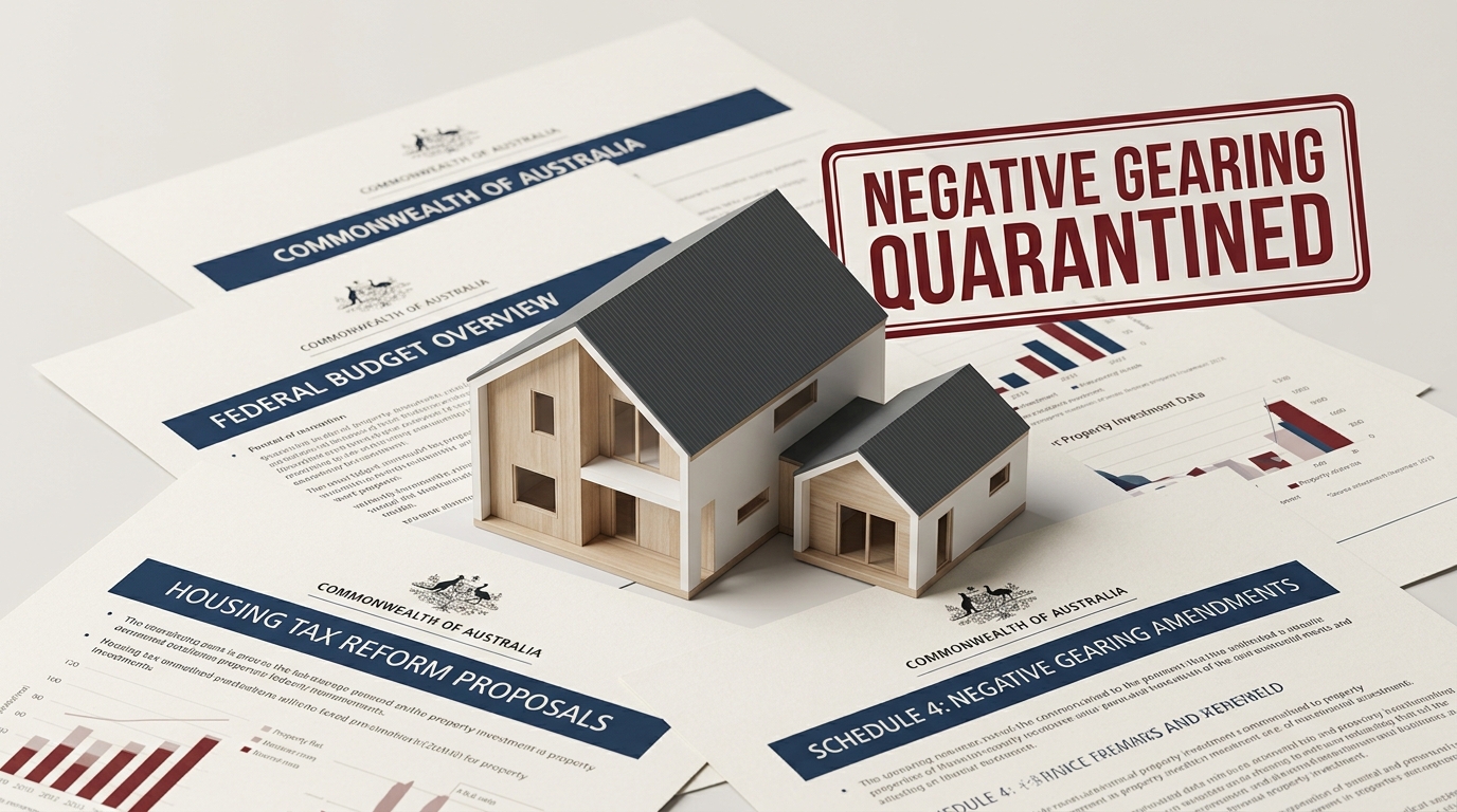 Concept graphic of a house and granny flat model on Australian federal budget housing tax documents stamped Negative Gearing Quarantined, 2026 reform