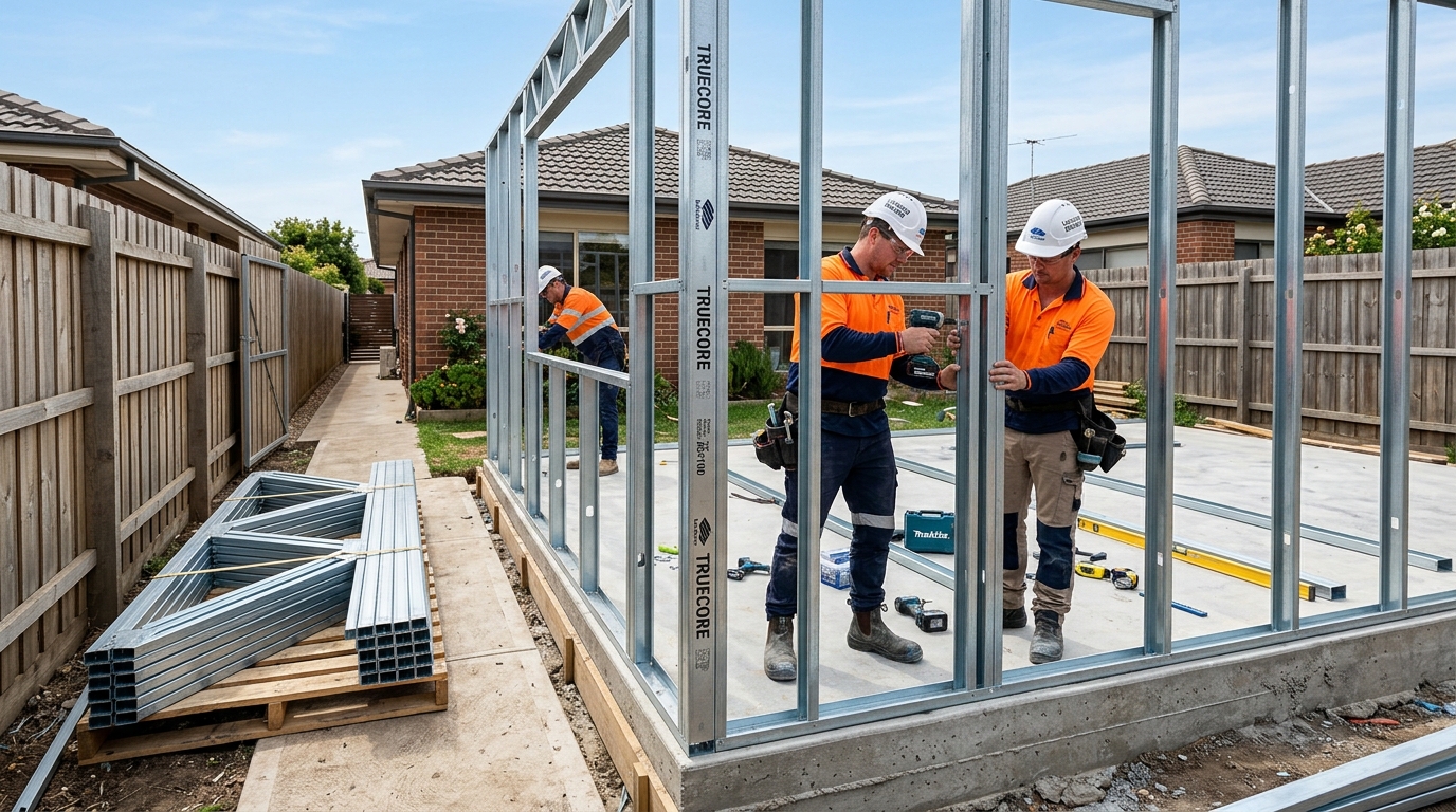Builders in hi-vis assembling a TRUECORE steel frame granny flat on a concrete slab in a narrow Australian backyard, flat-pack secondary dwelling construction 2026