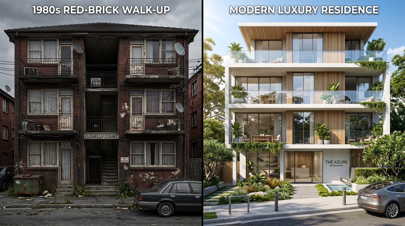 Old vs new apartment comparison showing 1980s walk-up block versus modern post-2015 apartment tower in Bankstown CBD