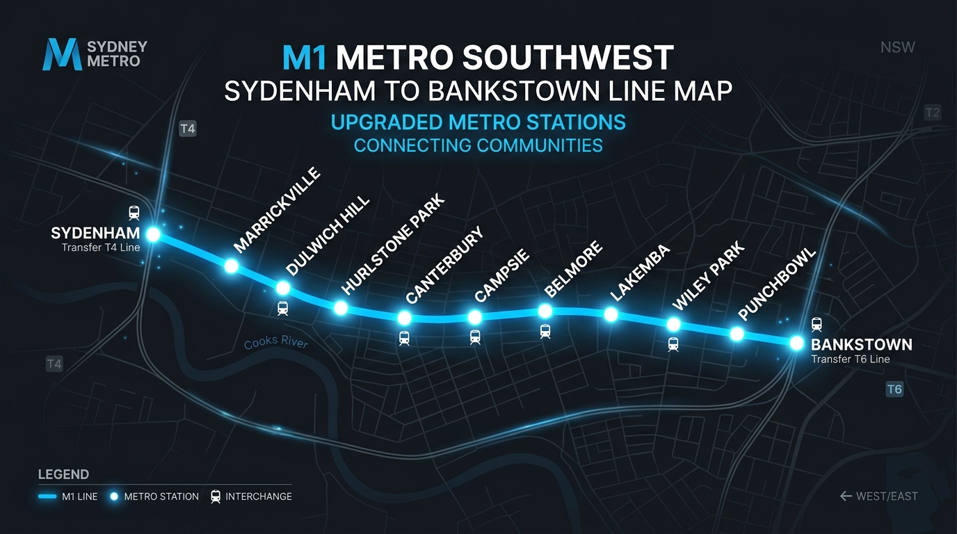 AI-generated infographic map showing Sydney Metro M1 Southwest line route from Sydenham to Bankstown with station markers and travel times