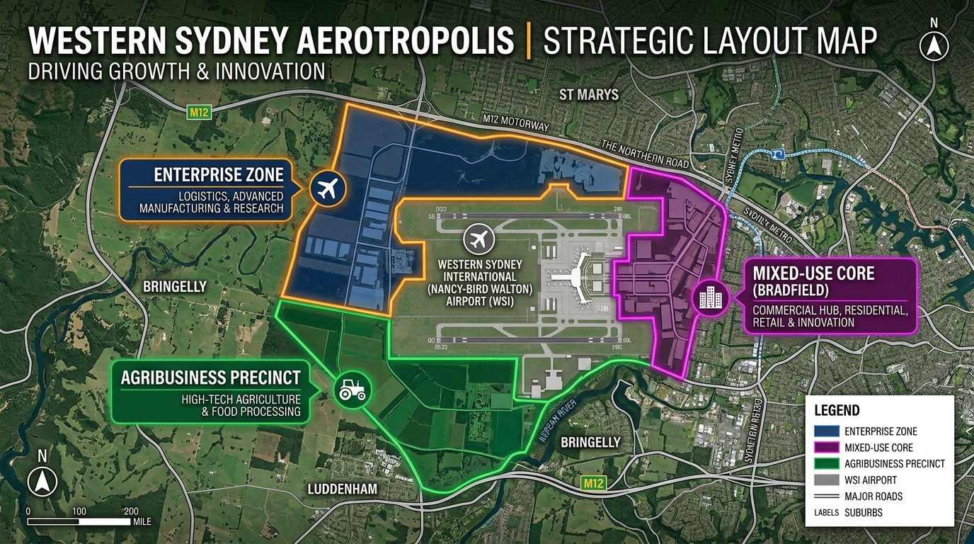 Western Sydney Aerotropolis map graphic showing enterprise mixed use core and agribusiness precinct boundaries