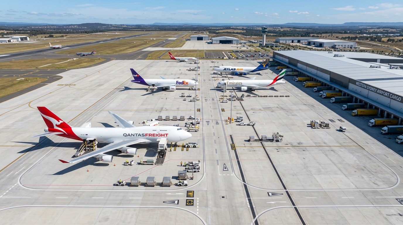 Wide-angle daytime aerial view of Western Sydney Airport cargo apron with freight aircraft parked at loading docks and automated container loaders in position