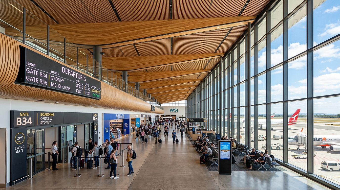 Wide-angle interior shot of the integrated swing-gate departures terminal at Western Sydney International Airport displaying modern timber slatted high ceilings large glass windows with views of the tarmac and clear electronic gate signage