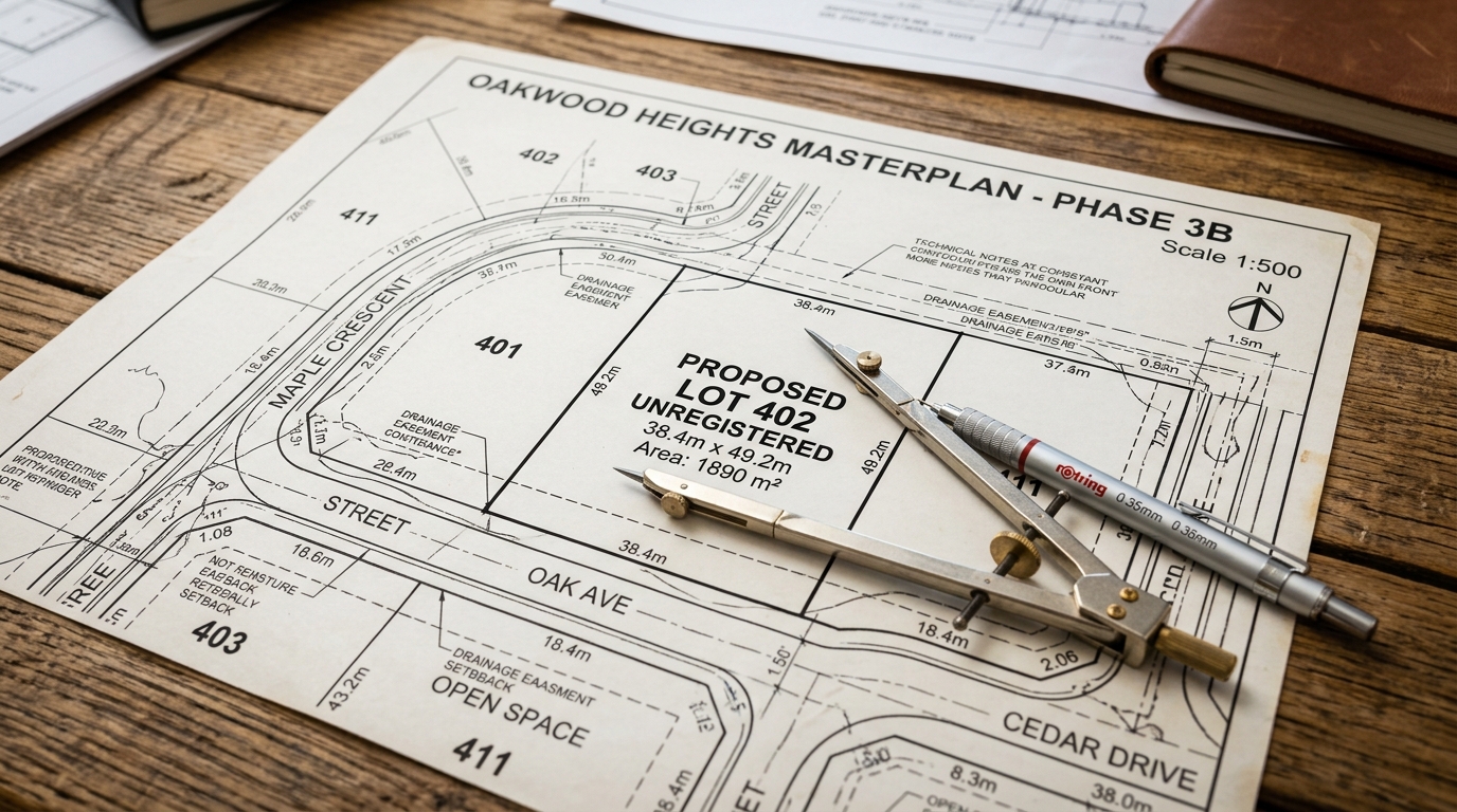 Architectural subdivision map with dividers and pen showing proposed unregistered land lot boundaries