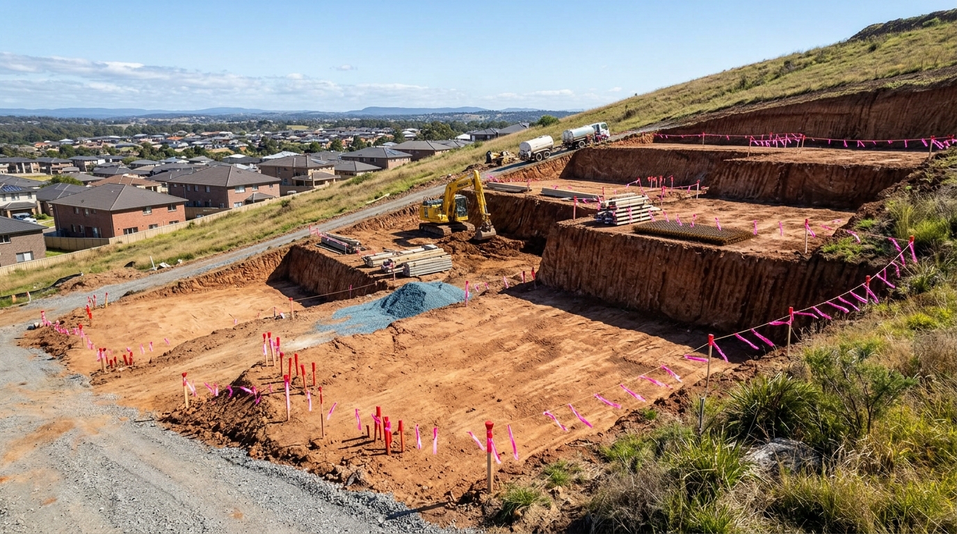 Residential building construction on a sloping Australian land block showing cut and fill earthworks before a new home build
