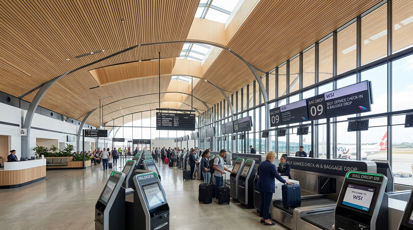 Interior view of the primary departures check-in hall at Western Sydney International Airport showing modern digital self-service baggage drop counters and minimalist light timber panelled high ceilings