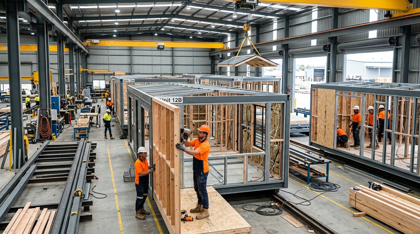 Australian modular home factory showing timber and steel house sections being assembled off site.