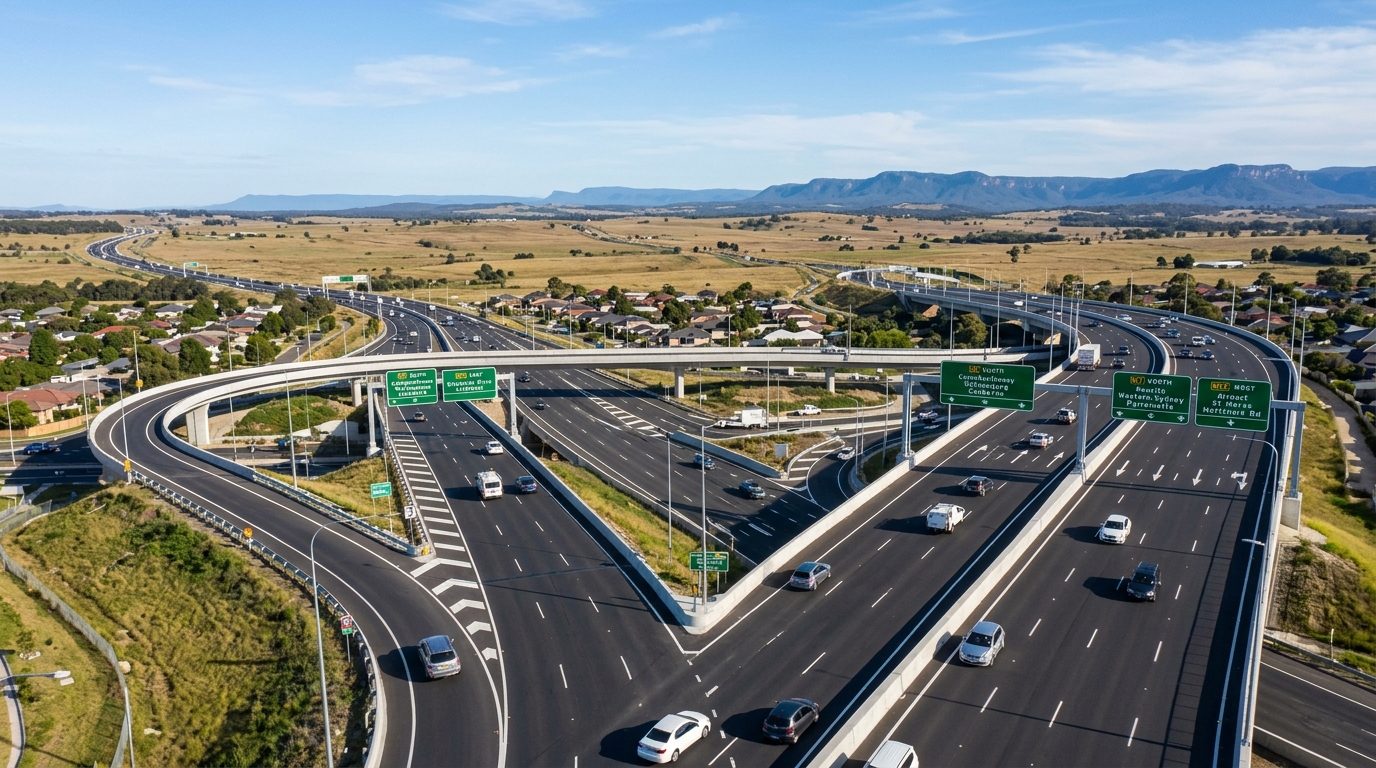 Wide-angle daytime aerial view of the completed M7-M12 motorway interchange near Cecil Hills with clean dark asphalt lanes, crisp white road markings, large green overhead directional signs and open western plains in the background
