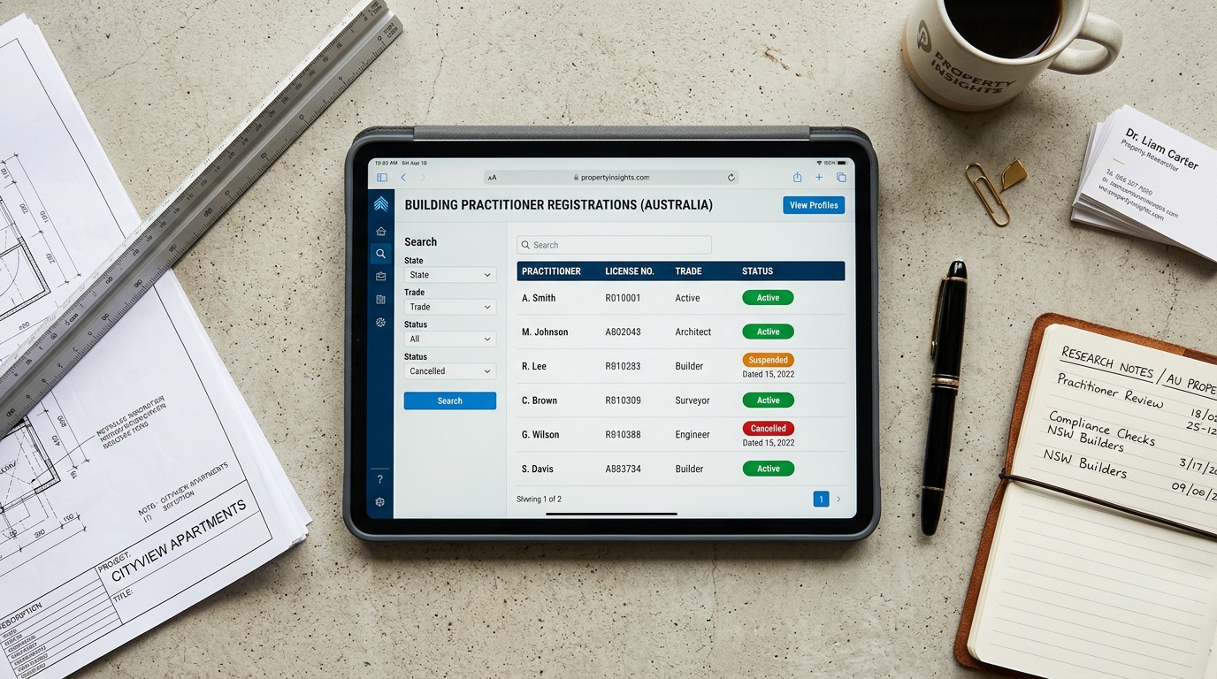 Research desk with tablet and builder licence check documents for Australian construction due diligence.