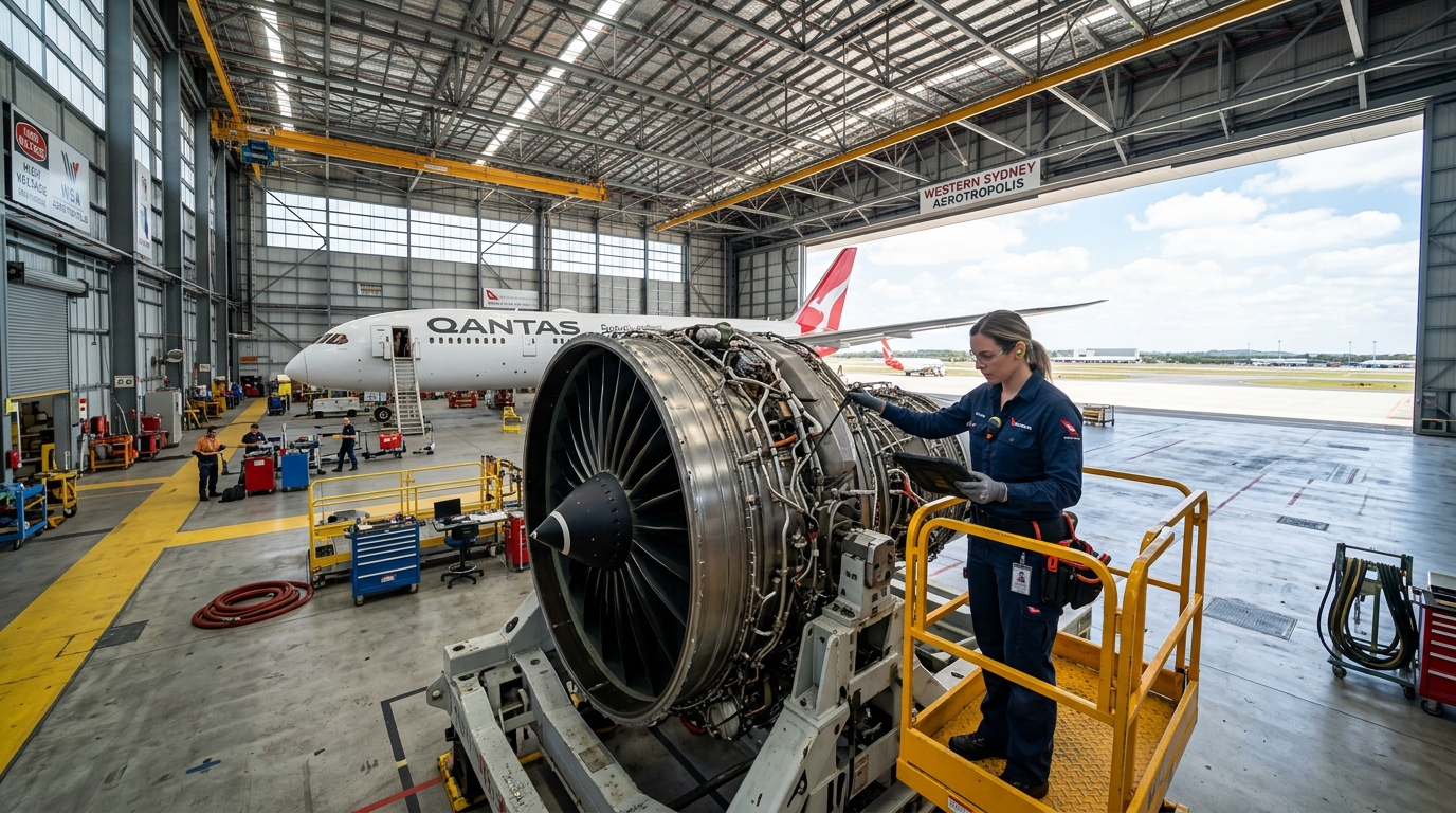 Wide-angle daytime photo of an aviation technician conducting a precision maintenance check on a modern jet engine inside a massive brightly lit hangar at the Western Sydney Aerotropolis precinct