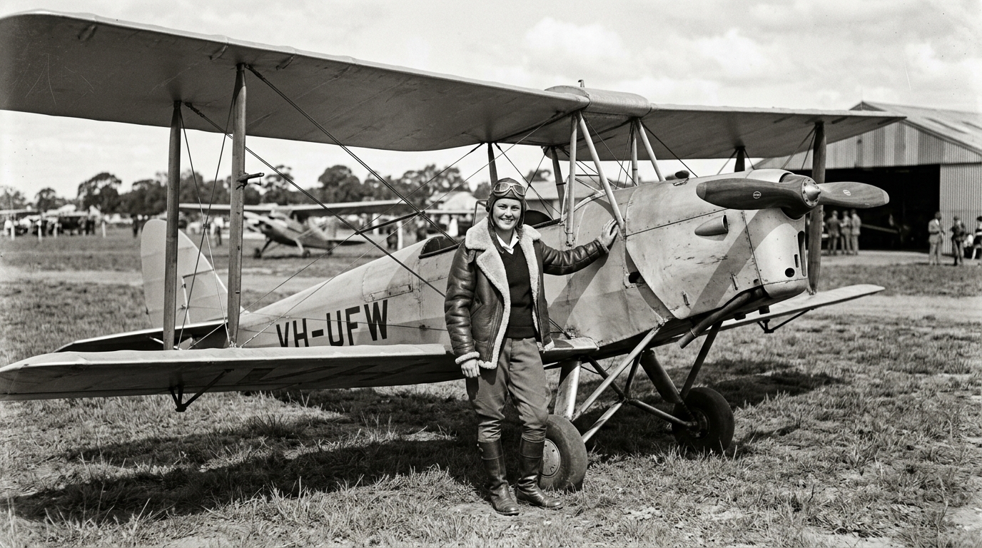 A historical archival-style black and white photograph of a smiling young Nancy-Bird Walton in 1930s aviator headgear standing confidently next to a vintage single-propeller biplane on a grassy airfield