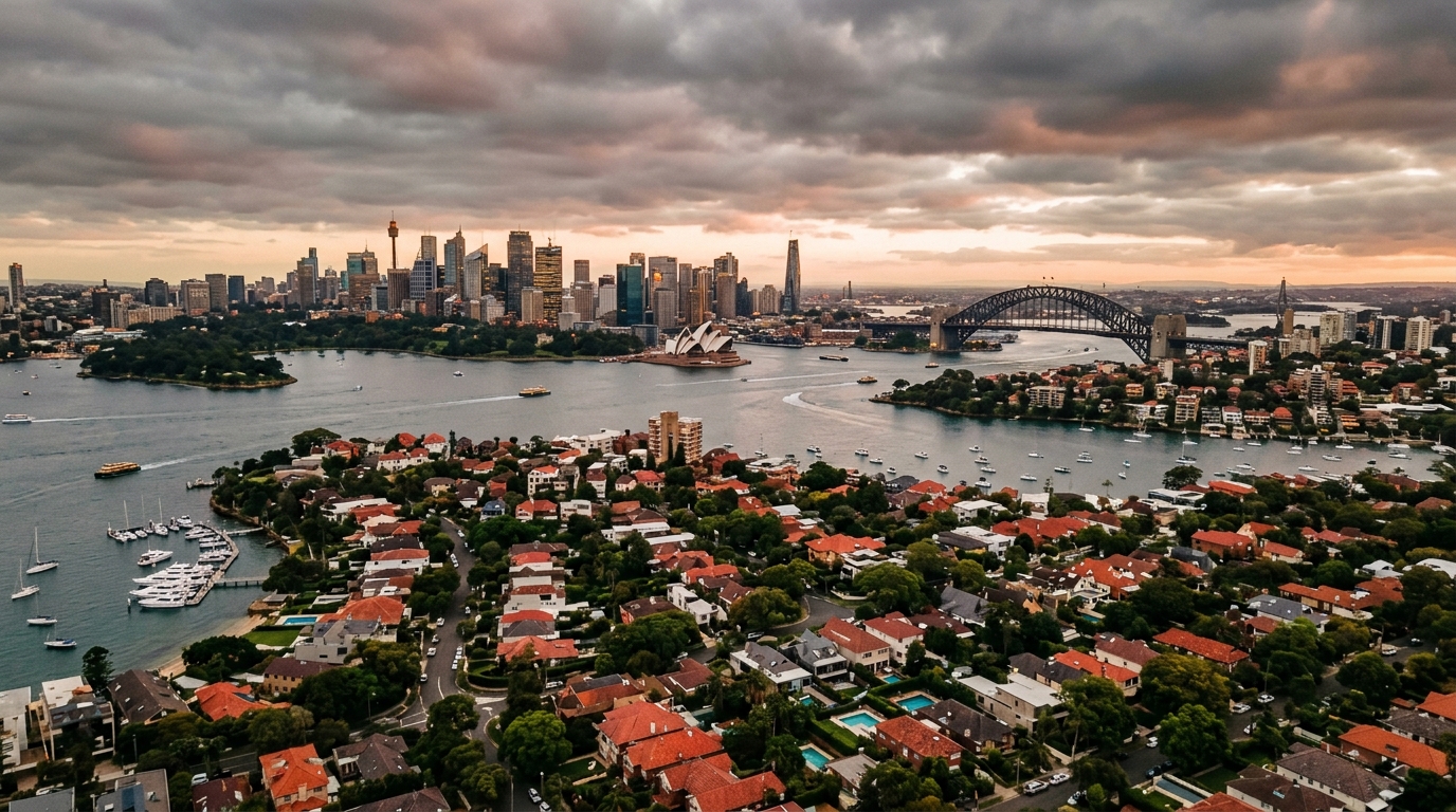 Aerial drone photograph over Sydney CBD and eastern suburbs at golden hour showing residential housing and harbour — Sydney property price drop 2026 context