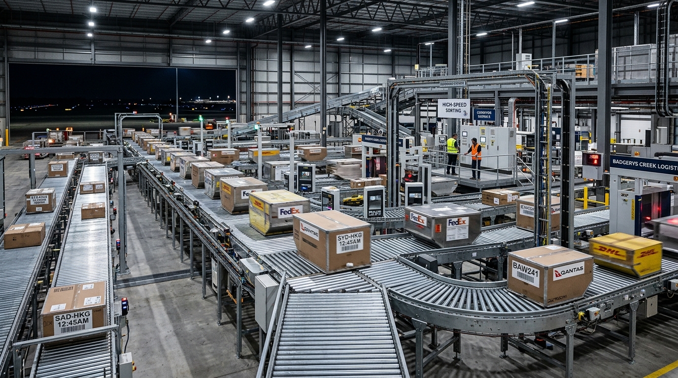 Interior of advanced automated air cargo sorting facility near Badgerys Creek at night with high-speed steel roller conveyors processing parcel containers under bright white industrial LED lighting