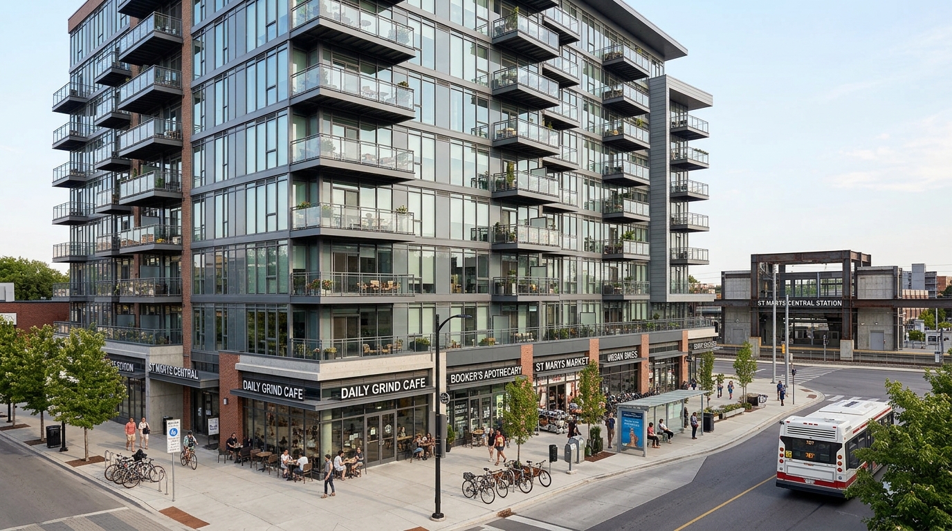 St Marys transit oriented apartment complex with glass facade ground floor retail and balconies