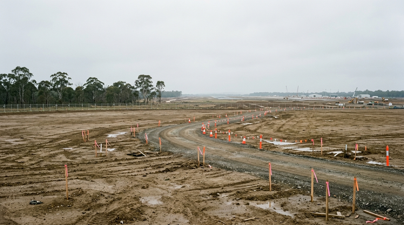Flat cleared land with survey markers and remnant trees at Badgerys Creek in Western Sydney