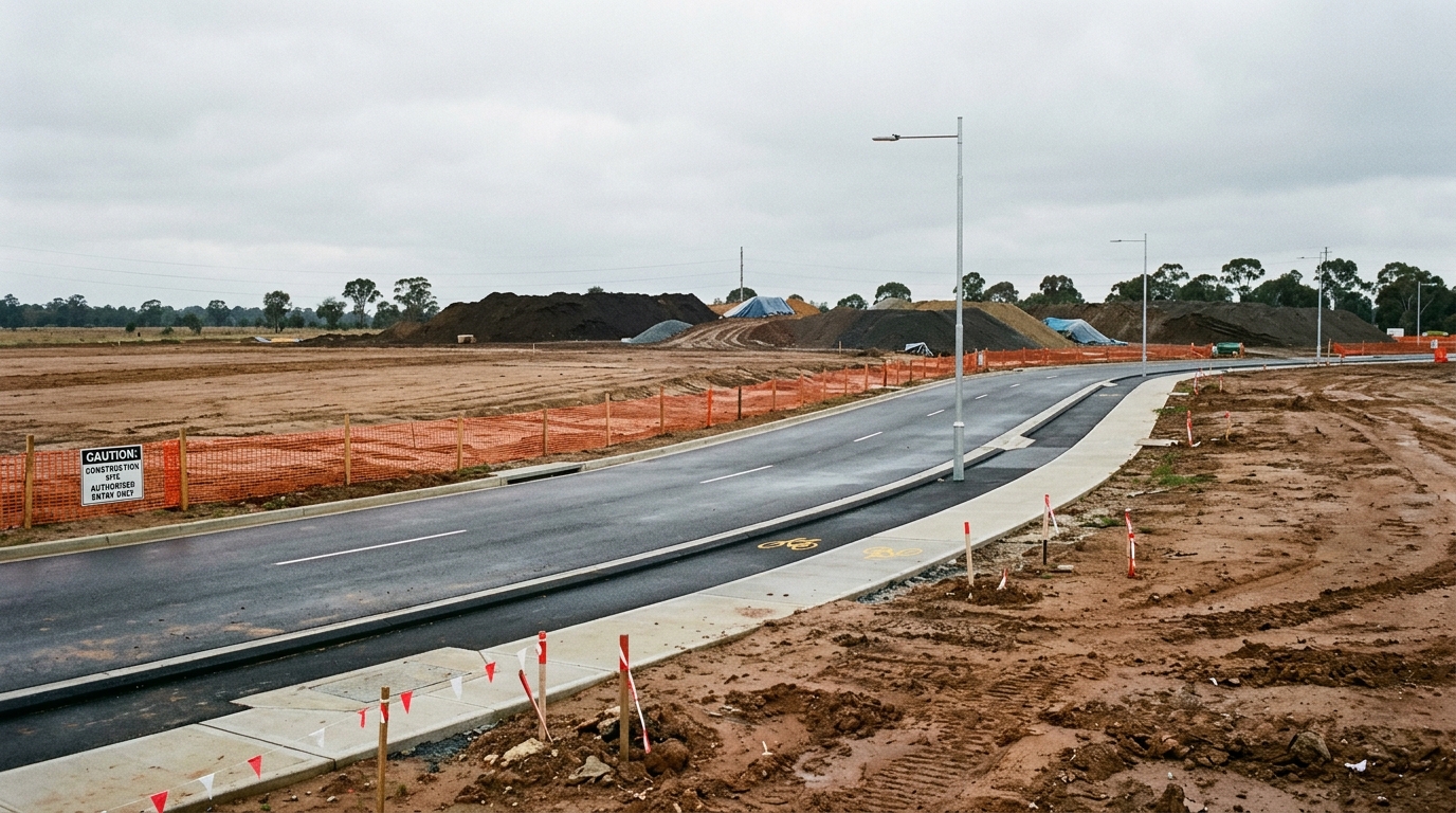 Graded development lots in the Aerotropolis Core at Bradfield City Centre with new kerbed roads and street lighting installed before construction