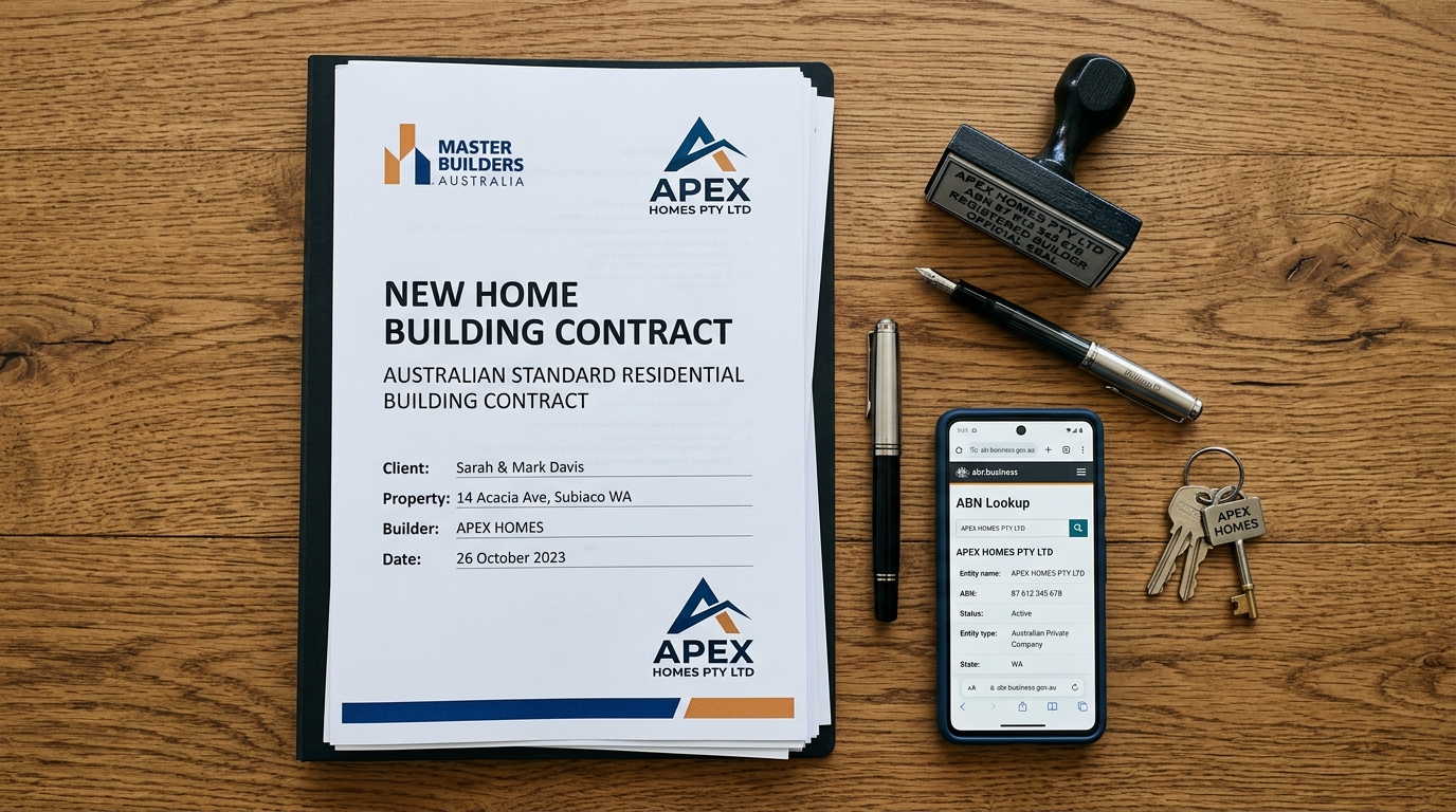 Building contract folder with deposit invoice and ABN checklist on a desk before signing with a builder.