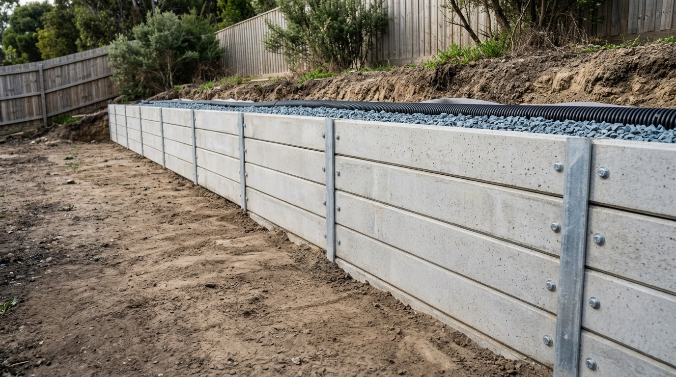 Concrete sleeper retaining wall on a residential boundary showing engineered retaining requirements for sloping Australian land