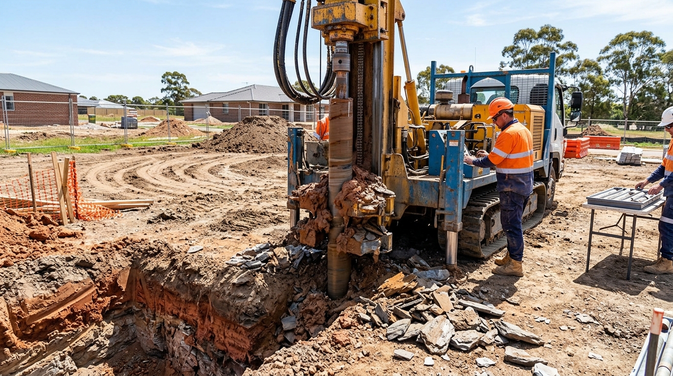 Hidden Building Costs Australia 2026 geotechnical drilling rig showing soil testing and piering risk.