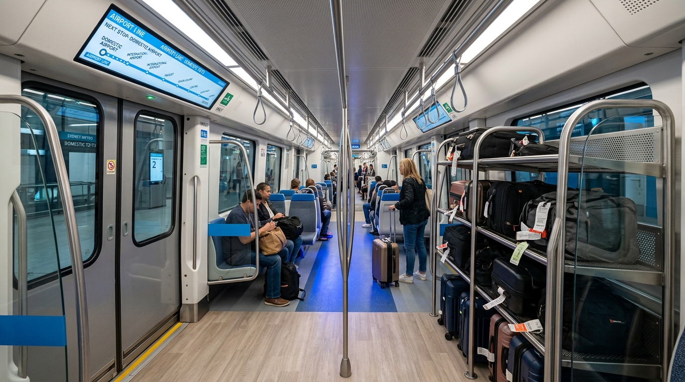 Interior view of brand-new driverless Sydney Metro train carriage designed for airport travelers showing wide aisles dedicated steel luggage storage racks and illuminated digital route map screens above automated doors