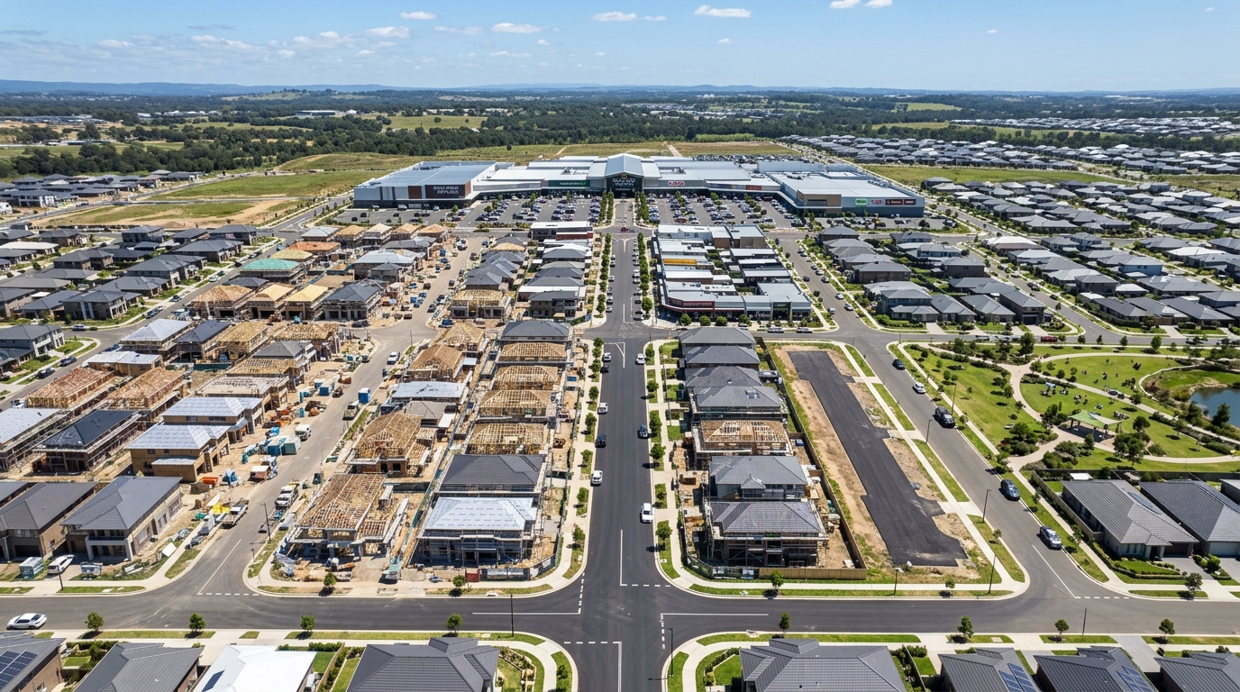 Drone view above Oran Park Town centre showing residential and retail development, Camden Oran Park development 2026