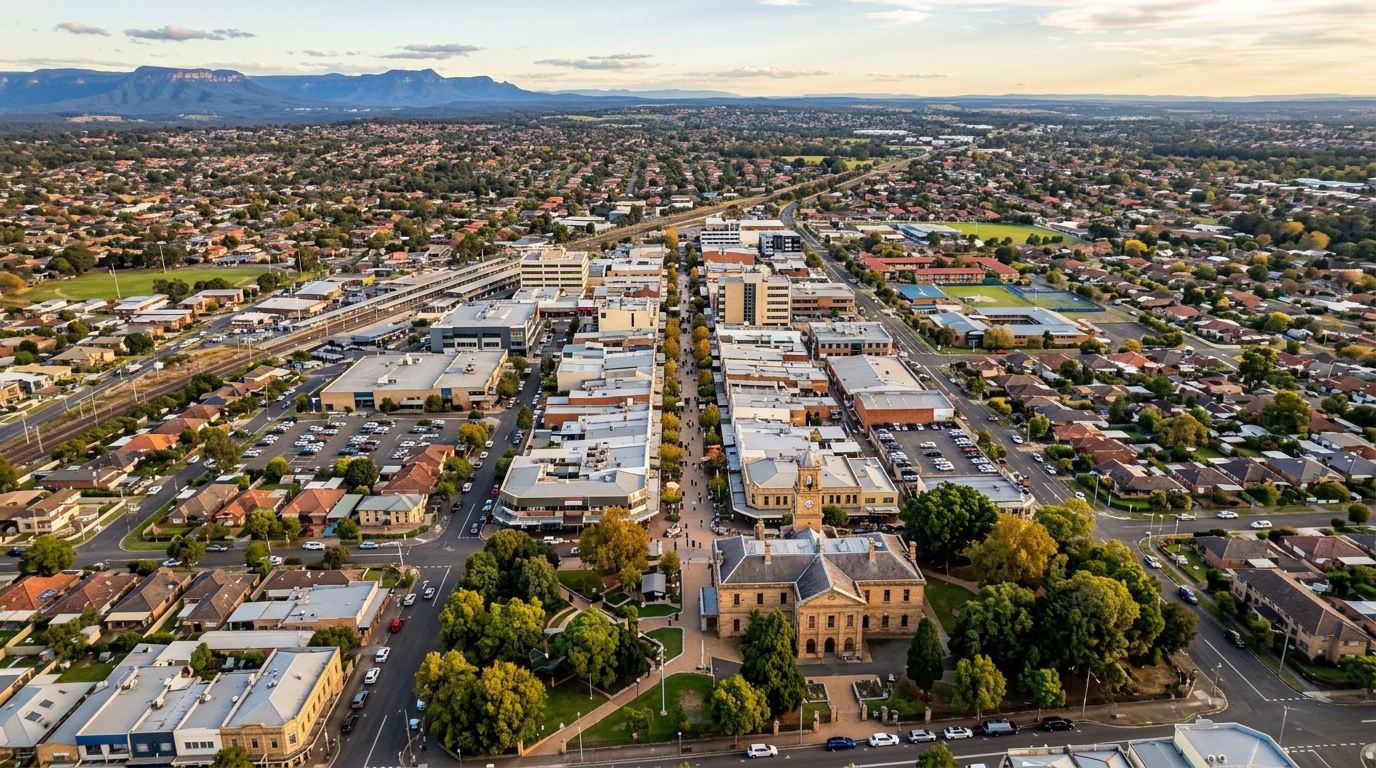 Drone view over Campbelltown city centre showing Queen Street precinct, part of Campbelltown Macarthur development 2026