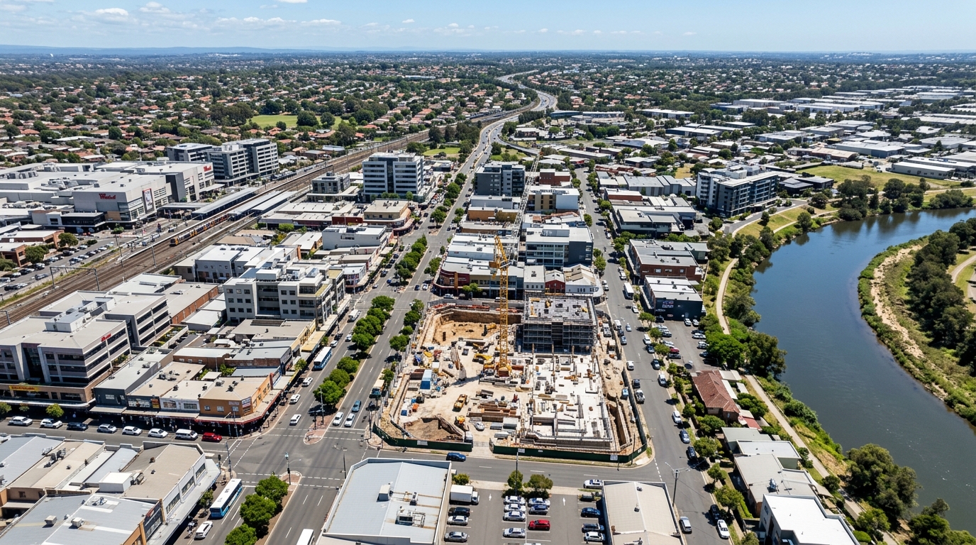 Liverpool City Centre rezoning 2026 aerial drone view over Liverpool CBD showing the Civic Place development site, George Street retail precinct, Liverpool Hospital and the Georges River in 2026