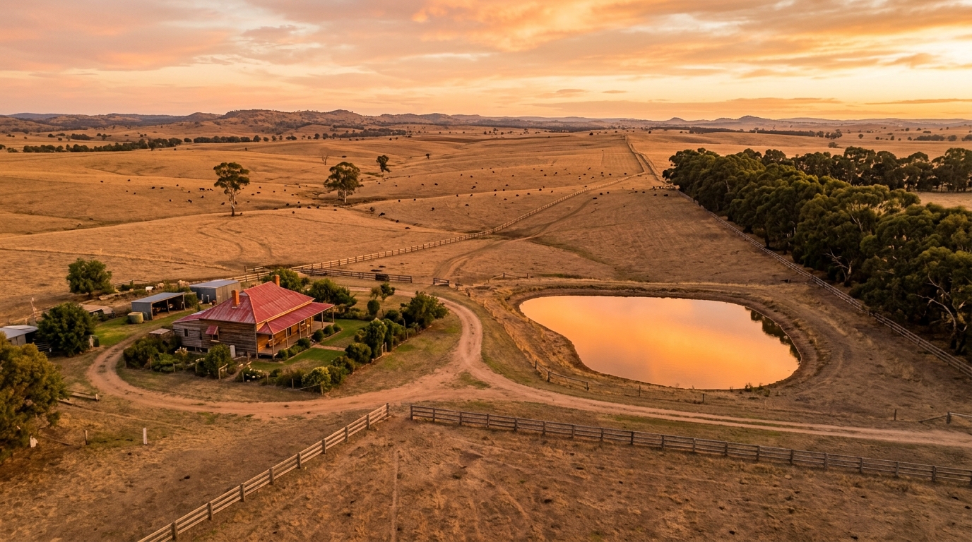 Aerial drone photograph taken at 150 metres altitude over a NSW rural property at golden hour showing farmhouse dam green paddocks boundary fencing and eucalyptus tree lines stretching to the horizon
