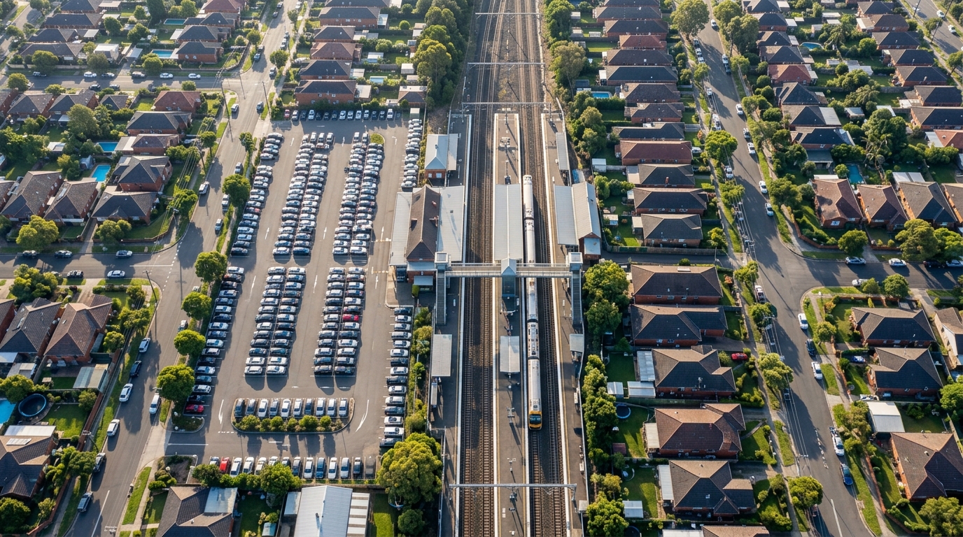 Aerial drone view of Sydney train station precinct showing surrounding suburbs targeted for TOD rezoning NSW