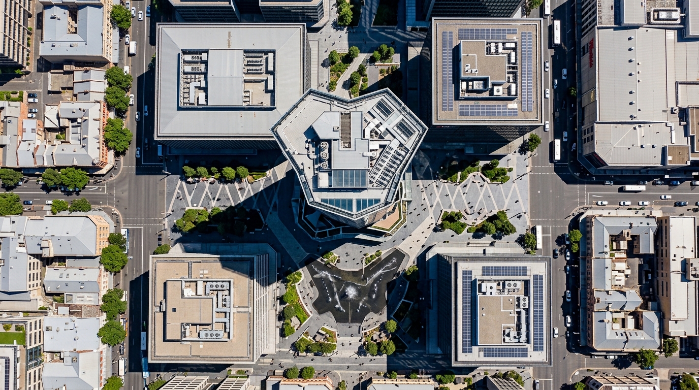 Aerial drone shot overhead Parramatta Square showing the 8 Parramatta tower, public plaza, Walker Corporation mixed-use precinct and surrounding CBD development