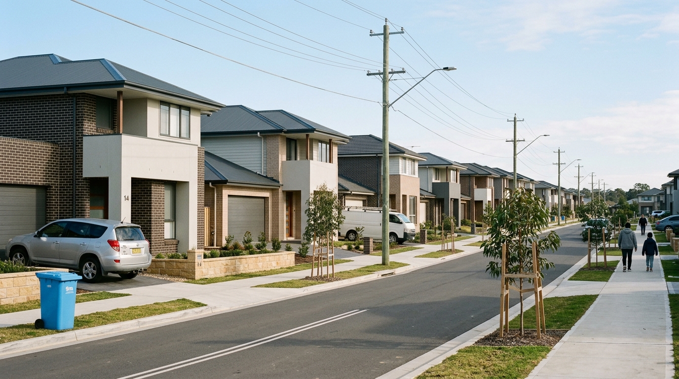 Street of new two-storey four-bedroom brick and render houses with double garages at Edmondson Park