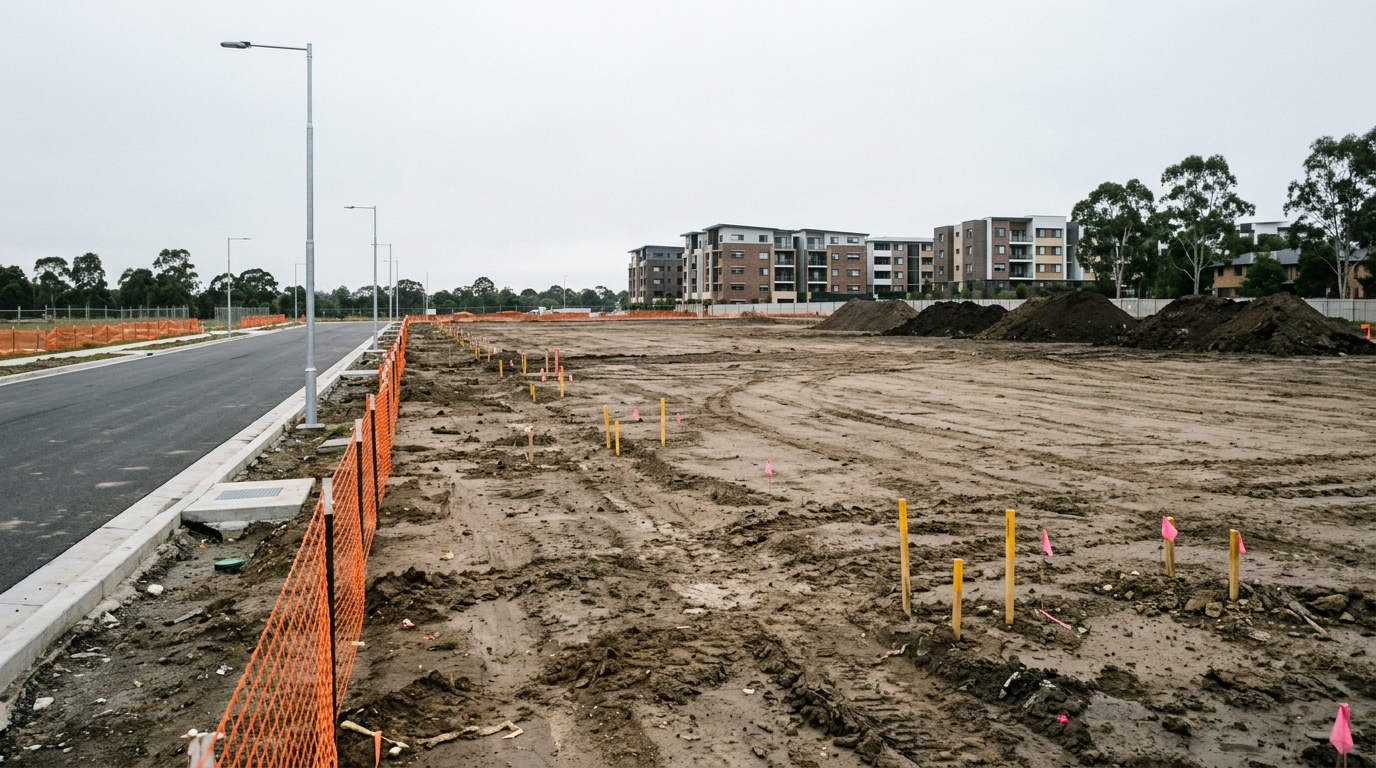 Cleared and graded development site with survey pegs and temporary fencing at Edmondson Park in Western Sydney