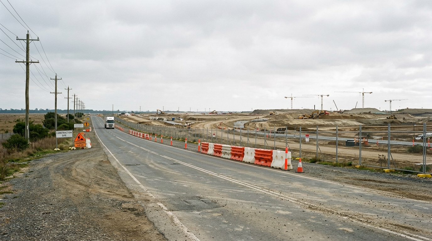 Wide arterial road cutting through cleared land in the Badgerys Creek Precinct with roadside barriers and a fenced development site