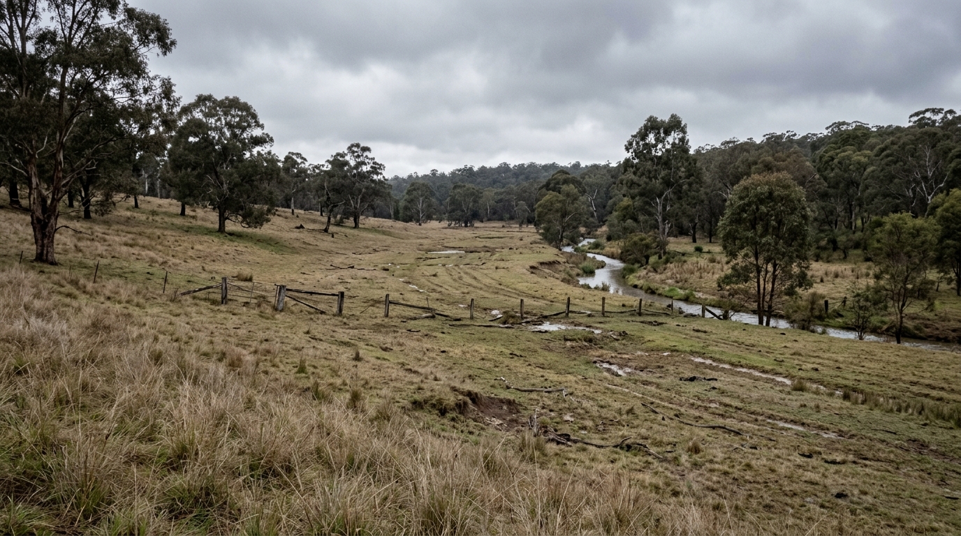 Broad grassy floodway corridor on the Wianamatta South Creek floodplain in dry conditions with scattered eucalypts and old fencing