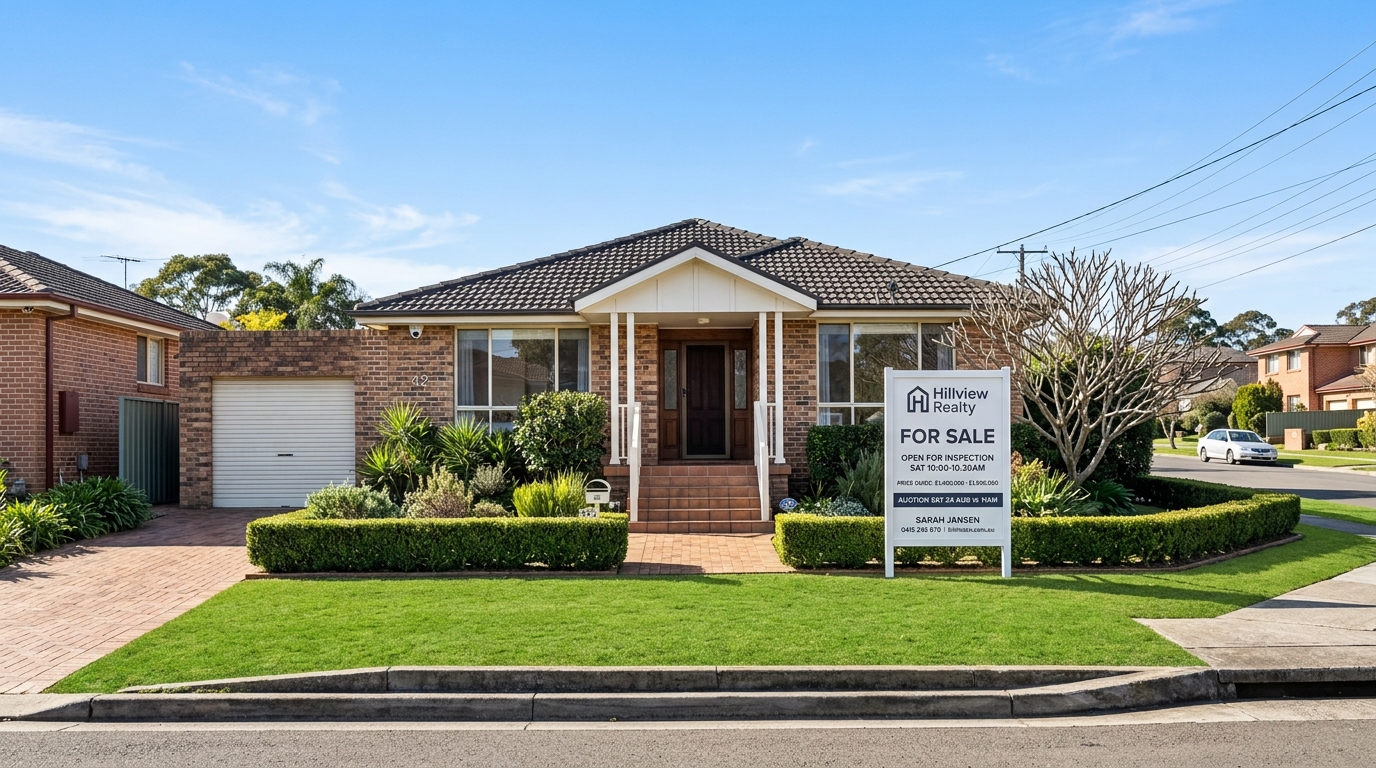 Photo of a for sale sign on a timber post in front of a detached brick house in a Sydney suburb on a clear day with no people and no real estate agency branding visible